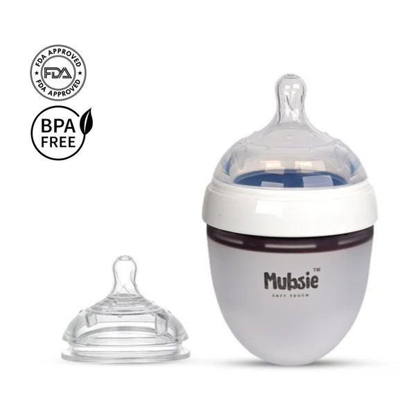 Mubsie Silicone Newborn Baby Bottle 150ml + Additional Slow Flow Nipple Set