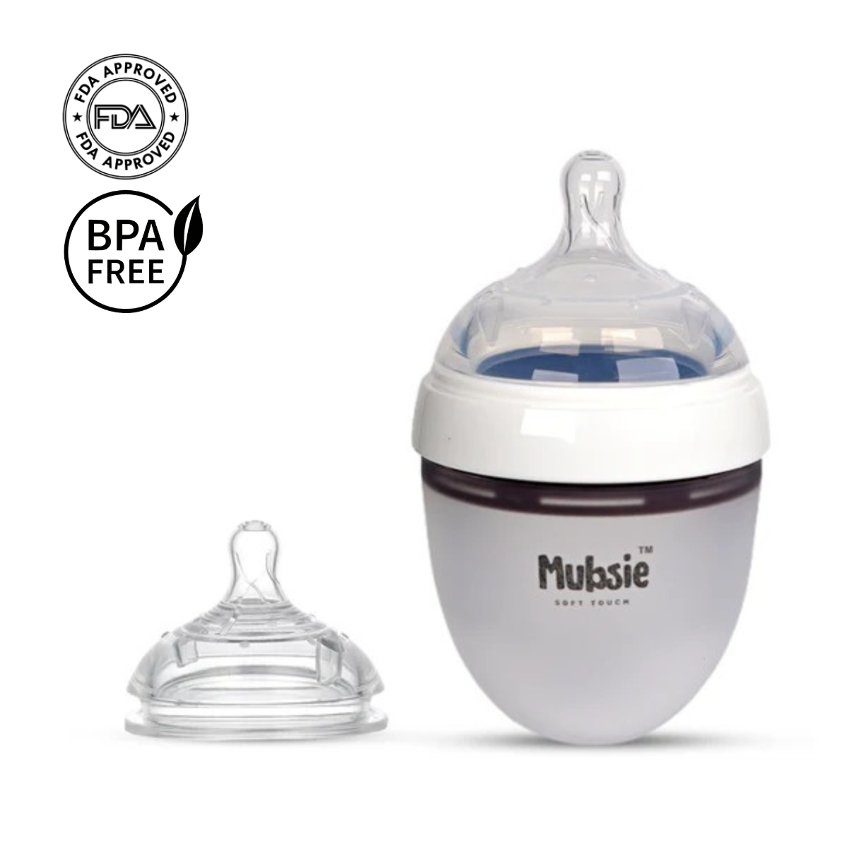 Mubsie Silicone Newborn Baby Bottle 150ml + Additional Slow Flow Nipple Set