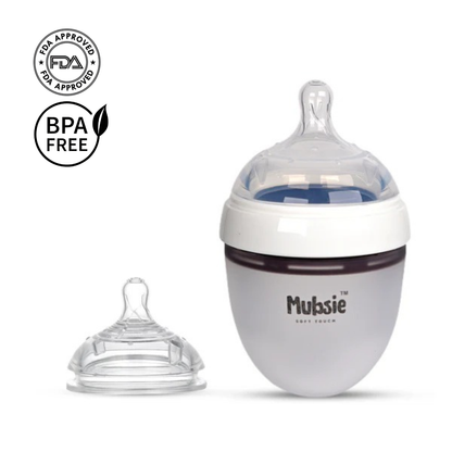 Mubsie Silicone Newborn Baby Bottle 150ml + Additional Slow Flow Nipple Set