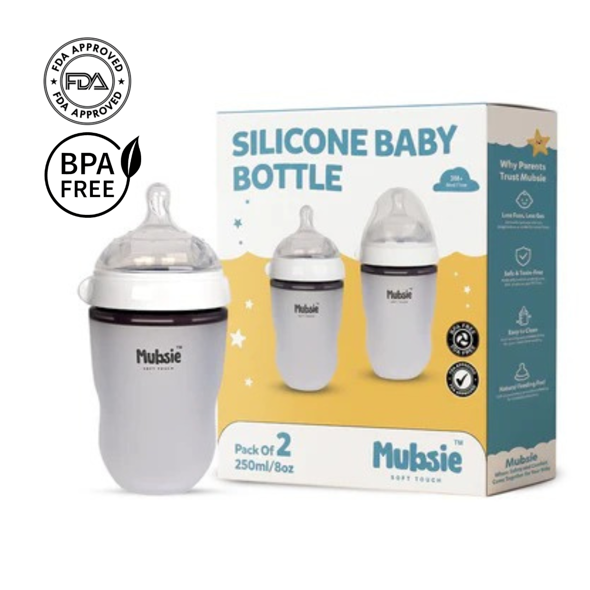 Mubsie Grow Silicone Baby Bottle Twin Pack – 250ml (2 Bottles)