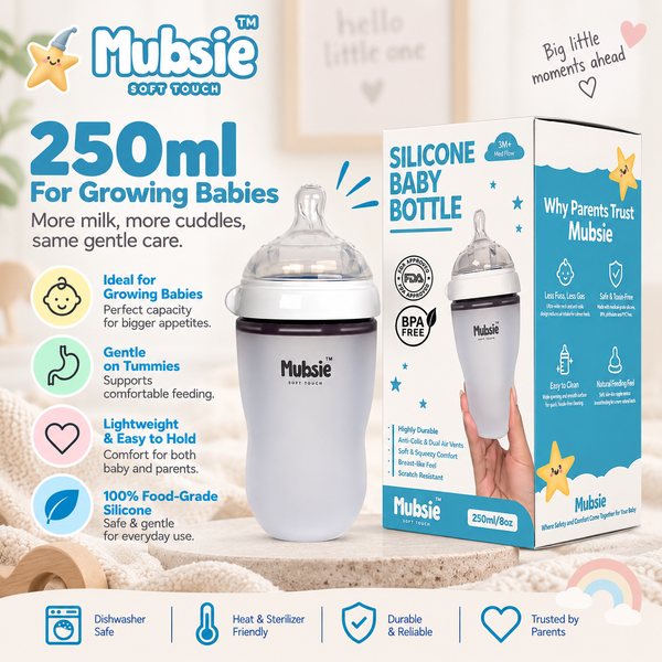 Mubsie™ Silicone Baby Feeding Bottle – BPA-Free, Anti-Colic & Easy to Use -250ml (Medium flow)