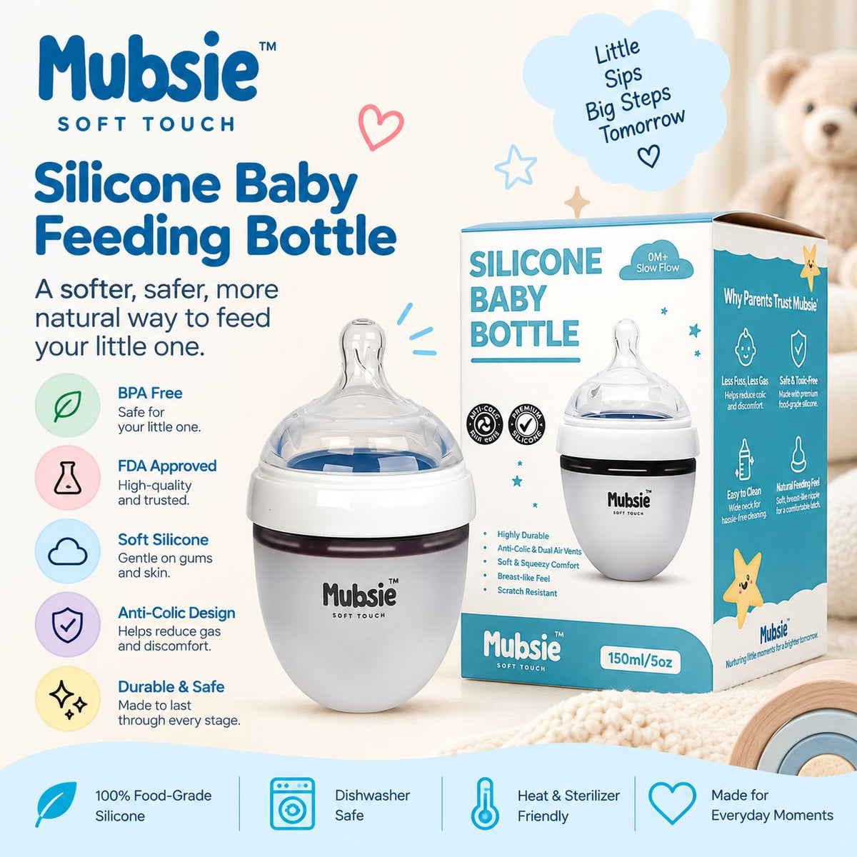 Mubsie™ Silicone Baby Feeding Bottle – BPA-Free, Anti-Colic & Easy to Use - 150ml (Slow flow)