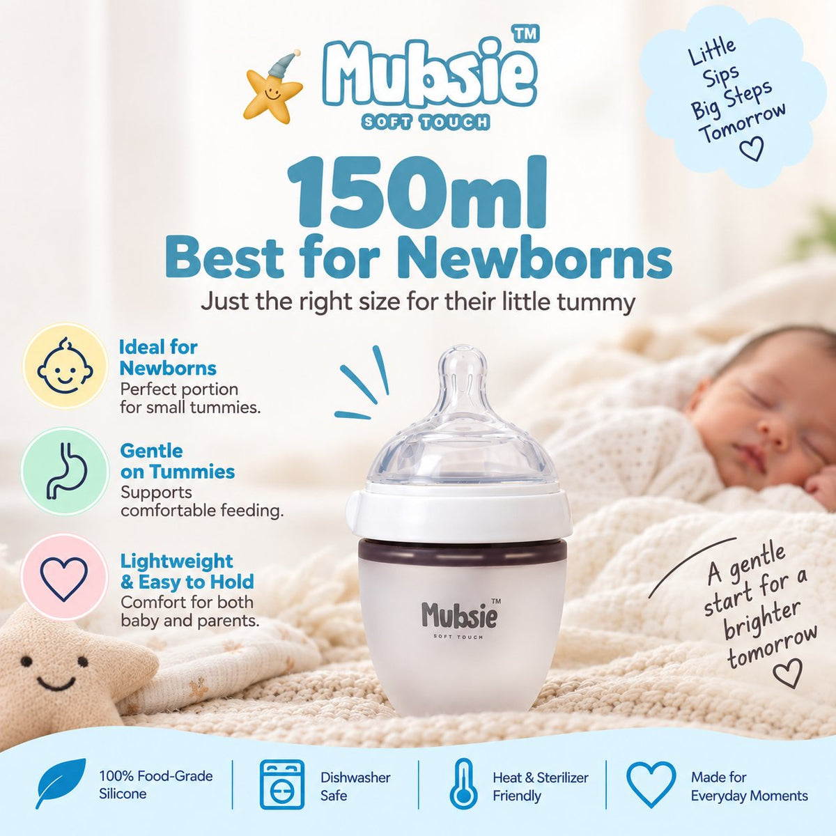 Mubsie™ Silicone Baby Feeding Bottle – BPA-Free, Anti-Colic & Easy to Use - 150ml (Slow flow)