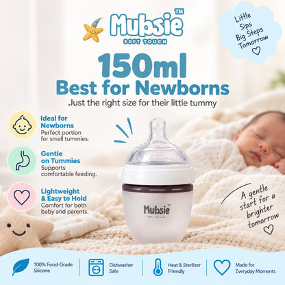 Mubsie™ Silicone Baby Feeding Bottle – BPA-Free, Anti-Colic & Easy to Use - 150ml (Slow flow)