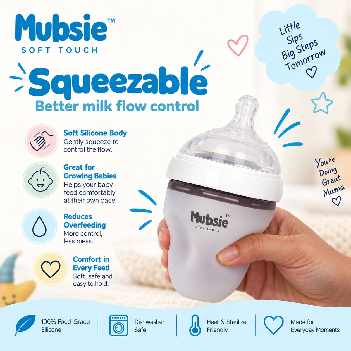 Mubsie™ Silicone Baby Feeding Bottle – BPA-Free, Anti-Colic & Easy to Use - 150ml (Slow flow)