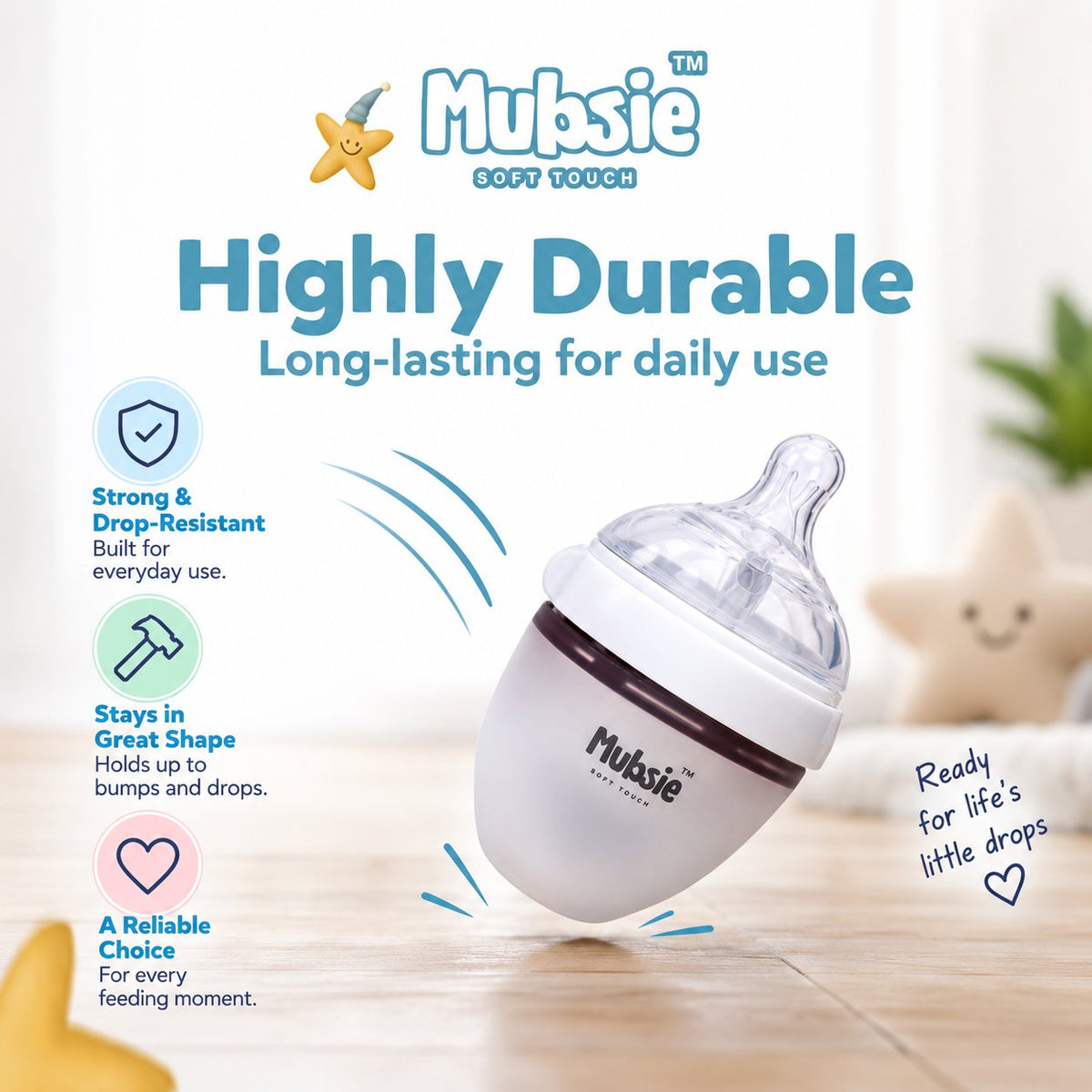 Mubsie™ Silicone Baby Feeding Bottle – BPA-Free, Anti-Colic & Easy to Use - 150ml (Slow flow)
